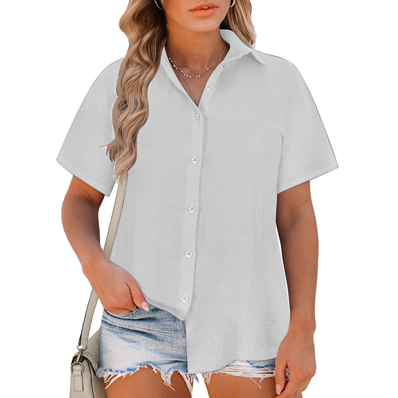 Damska bluza slobodnog kroja, Slub Cotton tkanina, pamuk, zapadni stil, kratki rukav, rever ovratnik