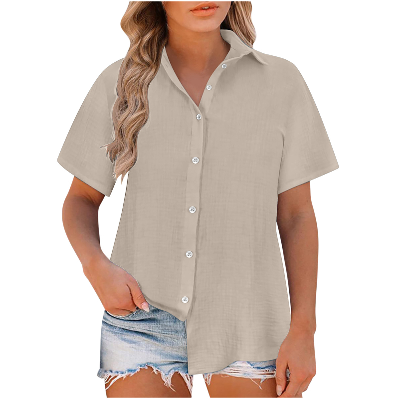 Damska bluza slobodnog kroja, Slub Cotton tkanina, pamuk, zapadni stil, kratki rukav, rever ovratnik