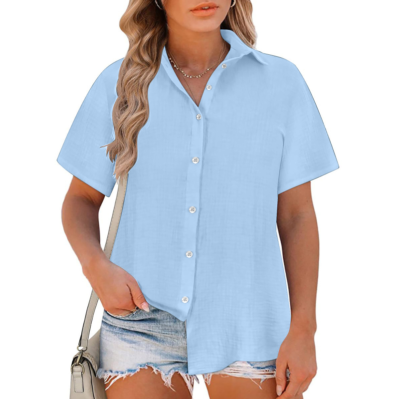 Damska bluza slobodnog kroja, Slub Cotton tkanina, pamuk, zapadni stil, kratki rukav, rever ovratnik
