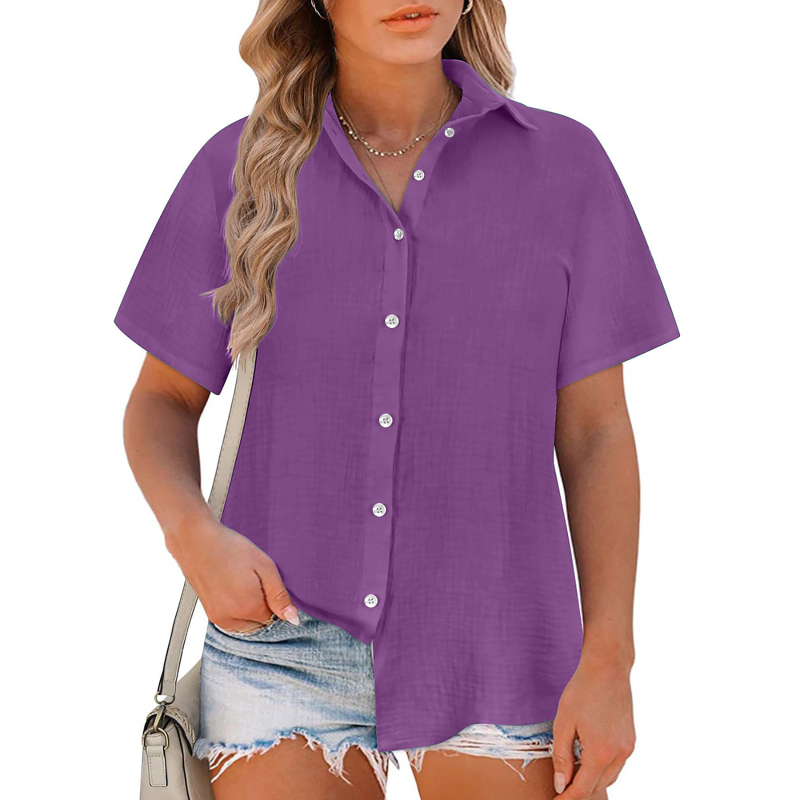 Damska bluza slobodnog kroja, Slub Cotton tkanina, pamuk, zapadni stil, kratki rukav, rever ovratnik