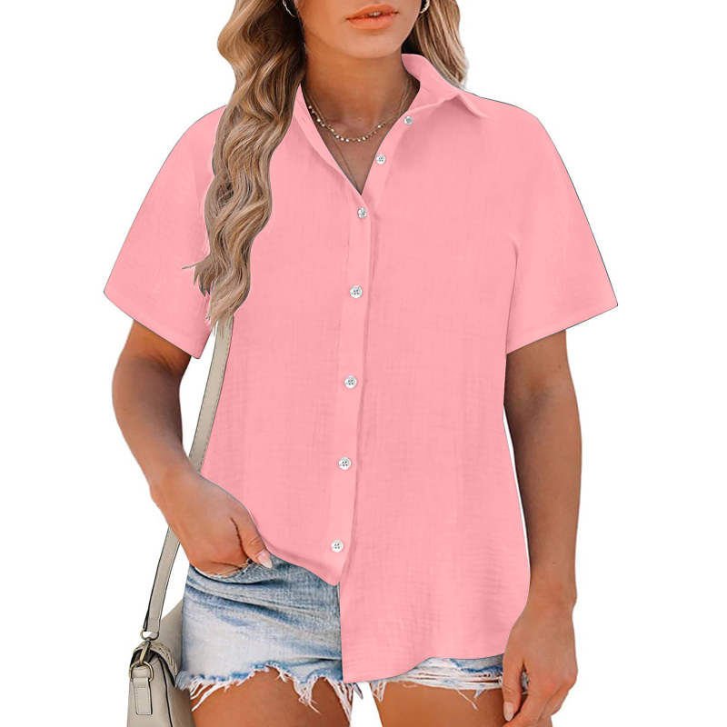 Damska bluza slobodnog kroja, Slub Cotton tkanina, pamuk, zapadni stil, kratki rukav, rever ovratnik