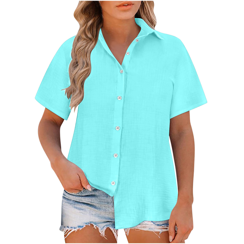 Damska bluza slobodnog kroja, Slub Cotton tkanina, pamuk, zapadni stil, kratki rukav, rever ovratnik