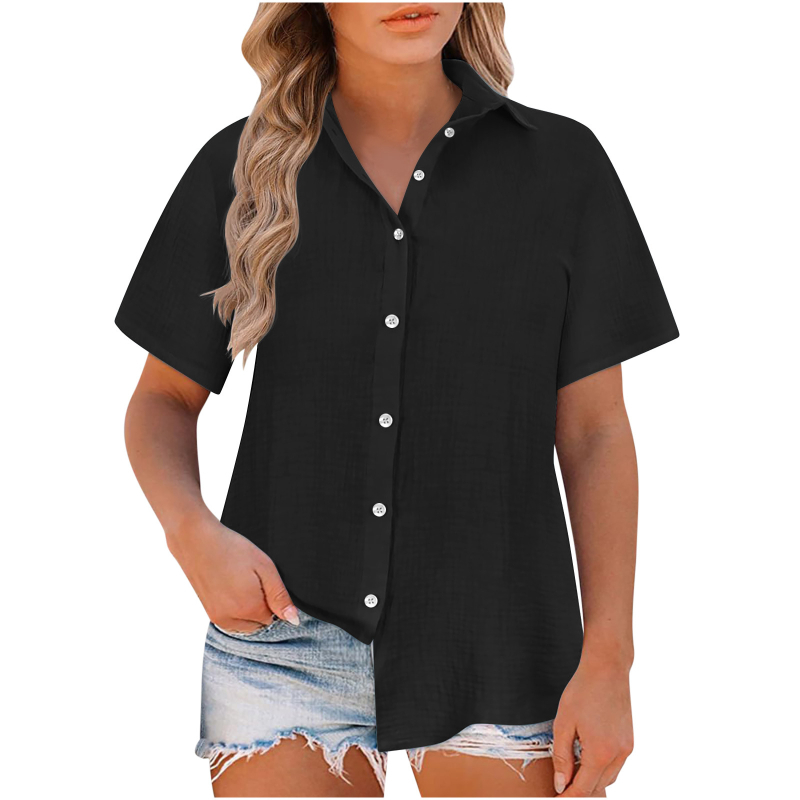 Damska bluza slobodnog kroja, Slub Cotton tkanina, pamuk, zapadni stil, kratki rukav, rever ovratnik