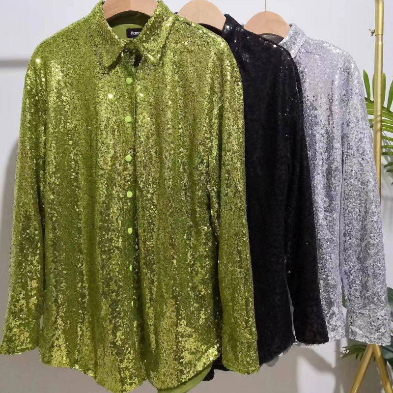 Ženska širokog kroja bluza s dugim rukavima, šljokice i perle, srednja duljina, poliester