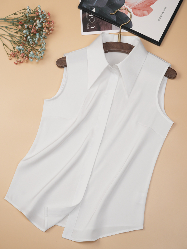 Cămașă fără mâneci pentru femei – chiffon, poliester 95%+, guler polo, croială slim, fără călcare
