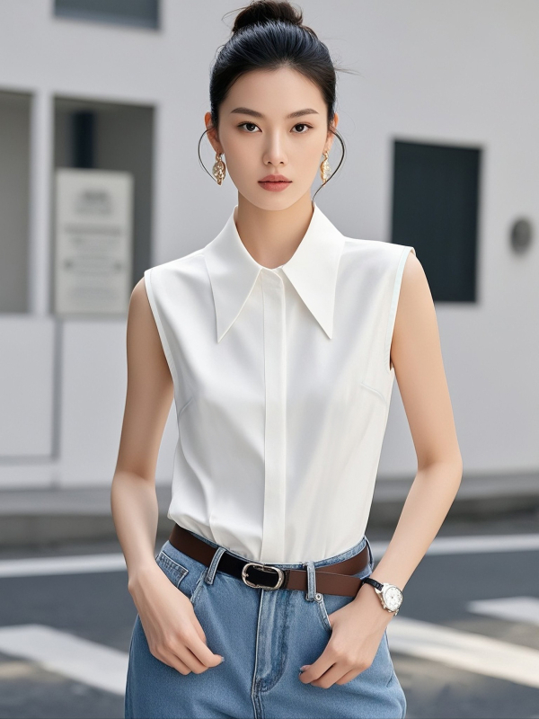 Cămașă fără mâneci pentru femei – chiffon, poliester 95%+, guler polo, croială slim, fără călcare