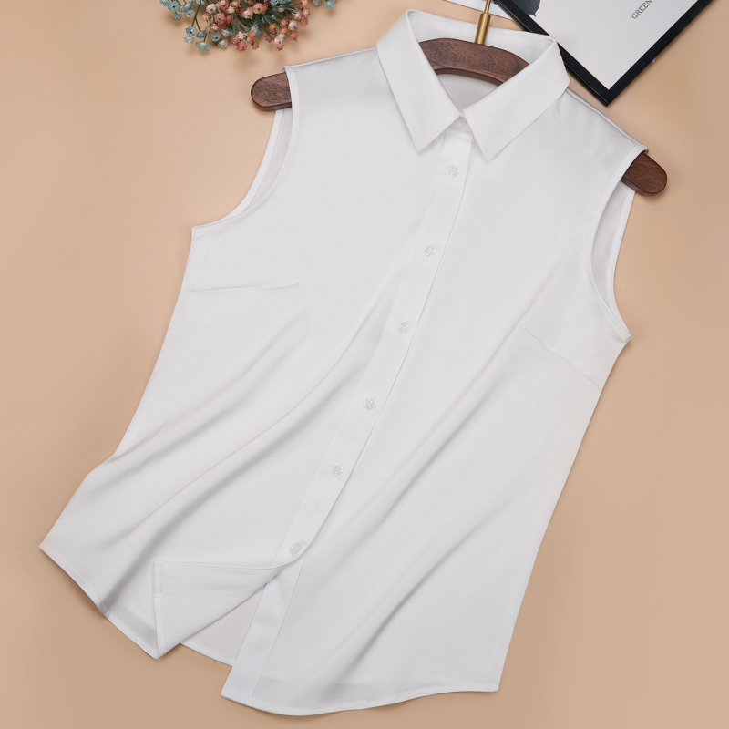 Cămașă fără mâneci pentru femei – chiffon, poliester 95%+, guler polo, croială slim, fără călcare