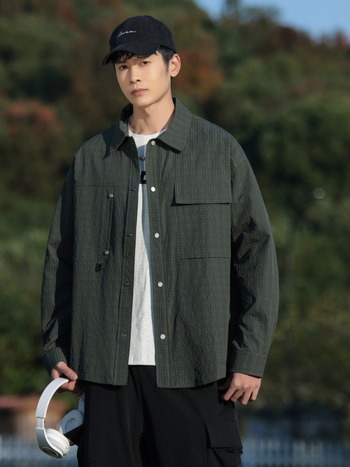 Lapos galléros hosszú ujjú ing lazán szabott, poliészter jacquard anyagból