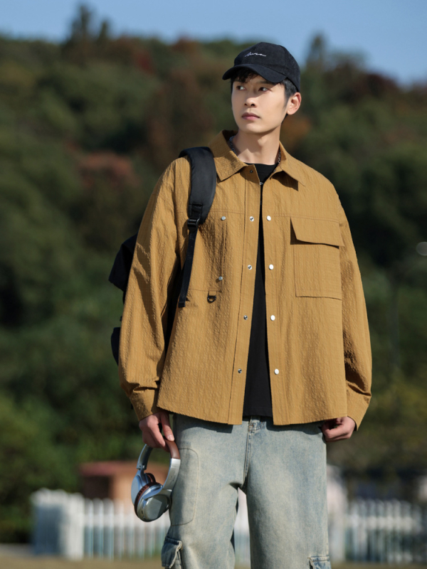 Lapos galléros hosszú ujjú ing lazán szabott, poliészter jacquard anyagból