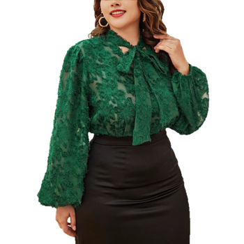 Ženska bluza od čipke s mozaik cvjetnim uzorkom, poliester, dugi rukav, bez ovratnika, pulover stil, duljina 50–65 cm