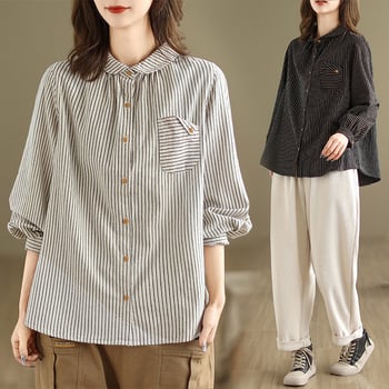 Csíkos pamut-len inget, hosszú ujjú, laza szabású, galléros, mindennapi stílus, 50-70% pamut