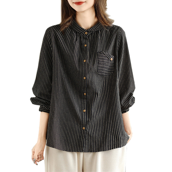 Csíkos pamut-len inget, hosszú ujjú, laza szabású, galléros, mindennapi stílus, 50-70% pamut