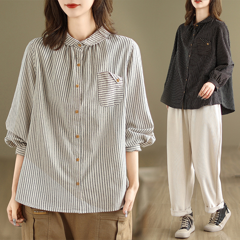 Csíkos pamut-len inget, hosszú ujjú, laza szabású, galléros, mindennapi stílus, 50-70% pamut