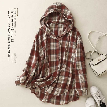 Kapucnis kockás pamut-len keverék ing, hosszú ujjú, őszi 2024