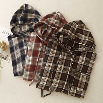 Kapucnis kockás pamut-len keverék ing, hosszú ujjú, őszi 2024