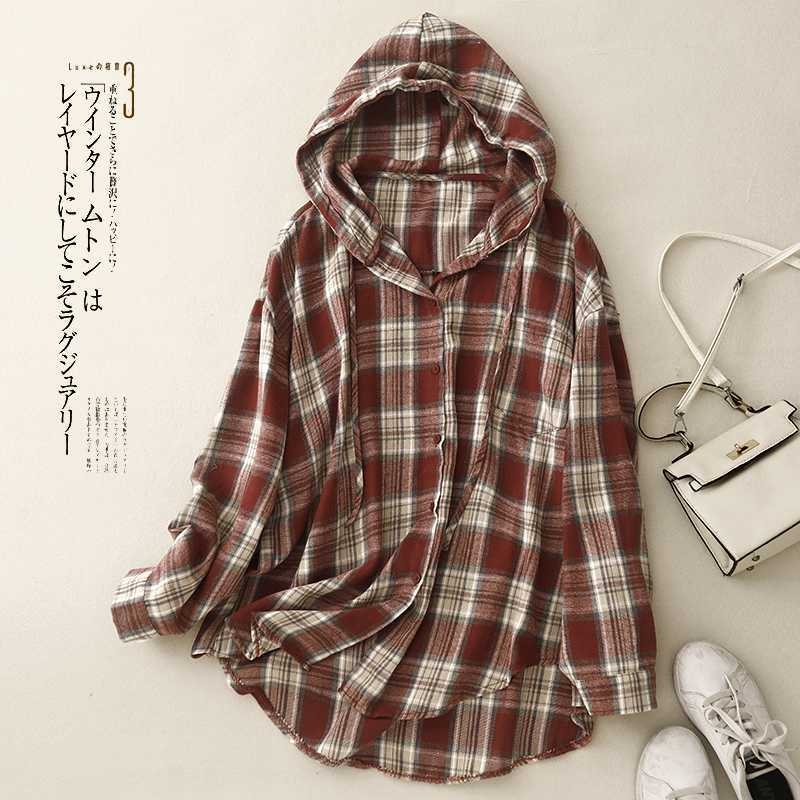 Kapucnis kockás pamut-len keverék ing, hosszú ujjú, őszi 2024