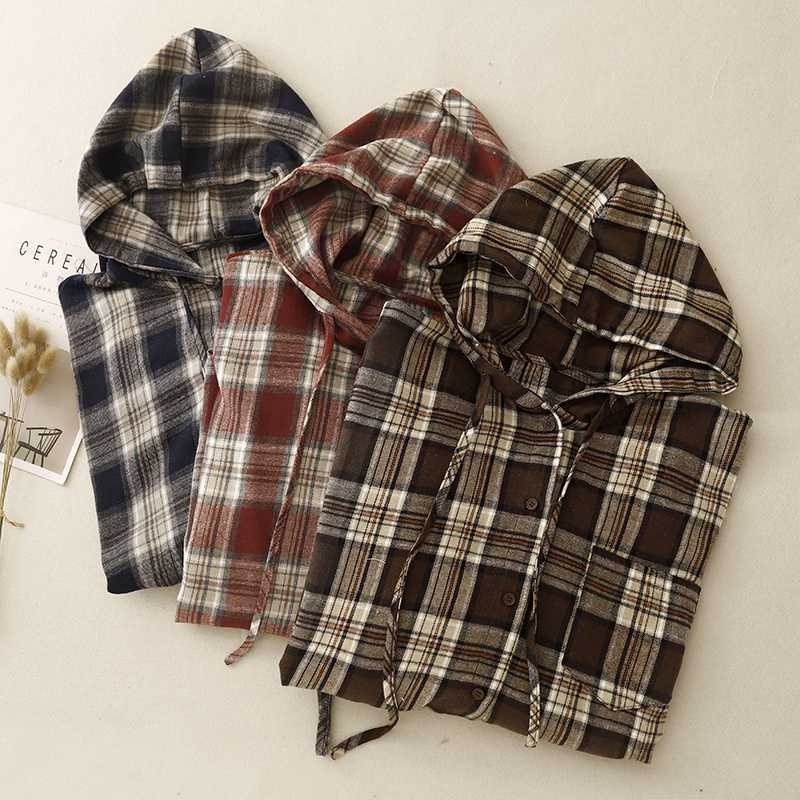 Kapucnis kockás pamut-len keverék ing, hosszú ujjú, őszi 2024