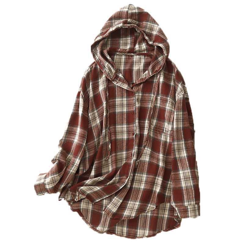 Kapucnis kockás pamut-len keverék ing, hosszú ujjú, őszi 2024