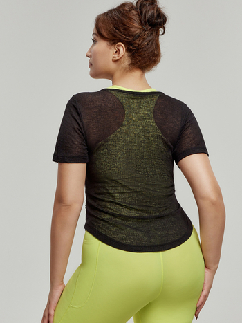 Top de yoga cu acoperire, talie subțire, mâneci scurte, lungime talie, țesătură rib din viermi de mătase (85% poliester, 15% rayon)