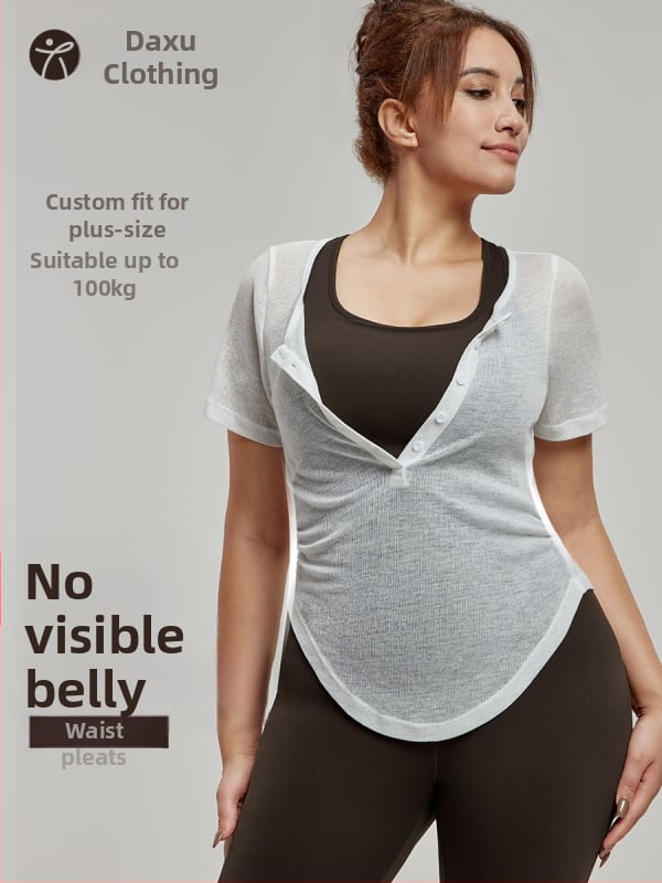 Top de yoga cu acoperire, talie subțire, mâneci scurte, lungime talie, țesătură rib din viermi de mătase (85% poliester, 15% rayon)