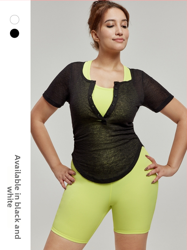 Top de yoga cu acoperire, talie subțire, mâneci scurte, lungime talie, țesătură rib din viermi de mătase (85% poliester, 15% rayon)