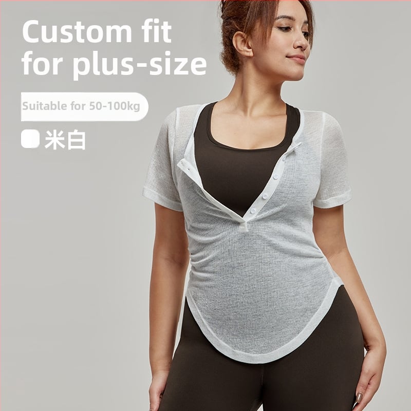 Top de yoga cu acoperire, talie subțire, mâneci scurte, lungime talie, țesătură rib din viermi de mătase (85% poliester, 15% rayon)