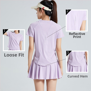 Top sport feminin, uscare rapidă, material nylon, 80% nylon, 20% spandex, mâneci scurte, lungime până la șolduri