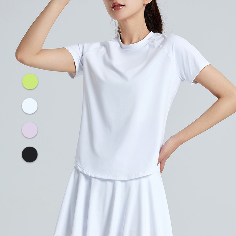 Top sport feminin, uscare rapidă, material nylon, 80% nylon, 20% spandex, mâneci scurte, lungime până la șolduri