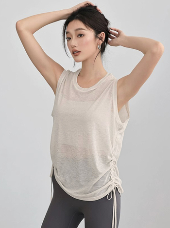 Top de yoga cu mâneci scurte, croială lejeră, poliester respirabil, uscare rapidă, lungime 61,5–72 cm
