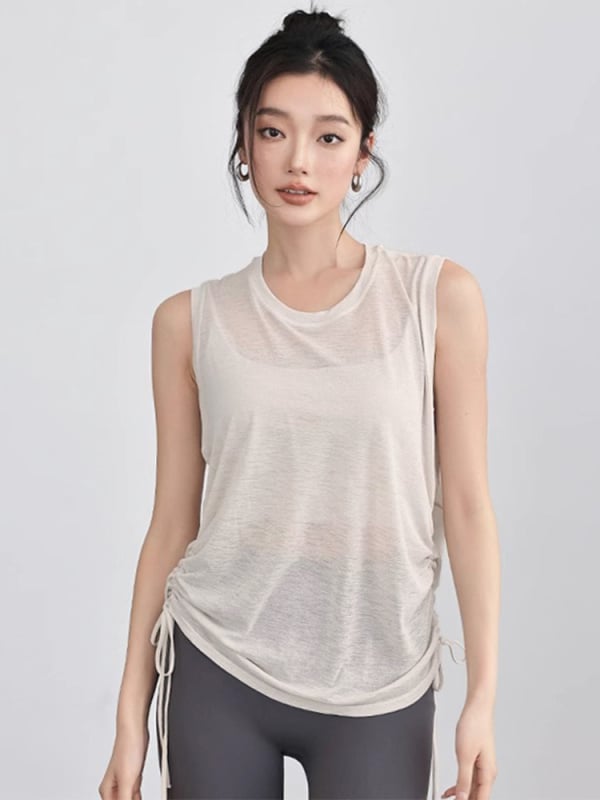 Top de yoga cu mâneci scurte, croială lejeră, poliester respirabil, uscare rapidă, lungime 61,5–72 cm