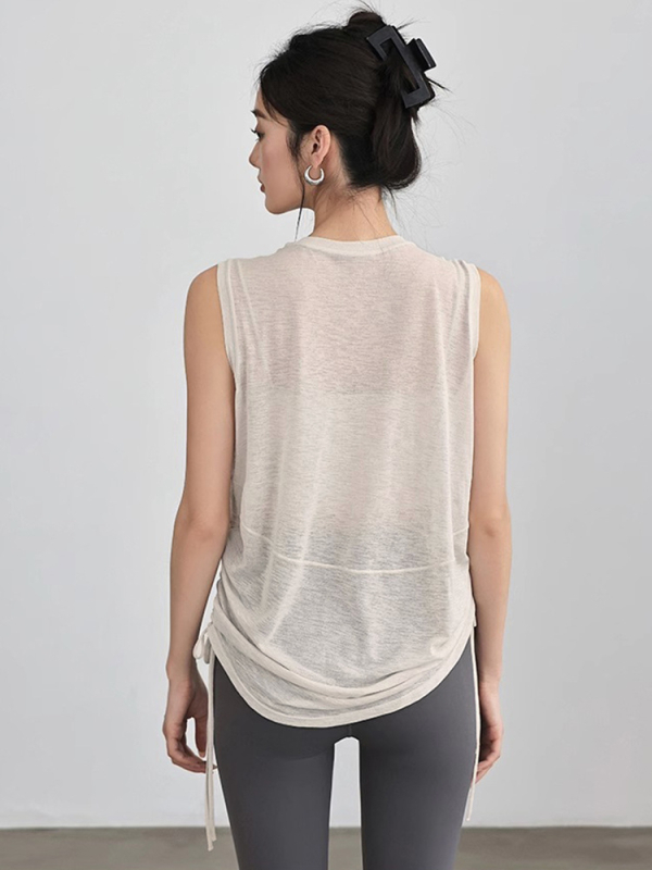 Top de yoga cu mâneci scurte, croială lejeră, poliester respirabil, uscare rapidă, lungime 61,5–72 cm