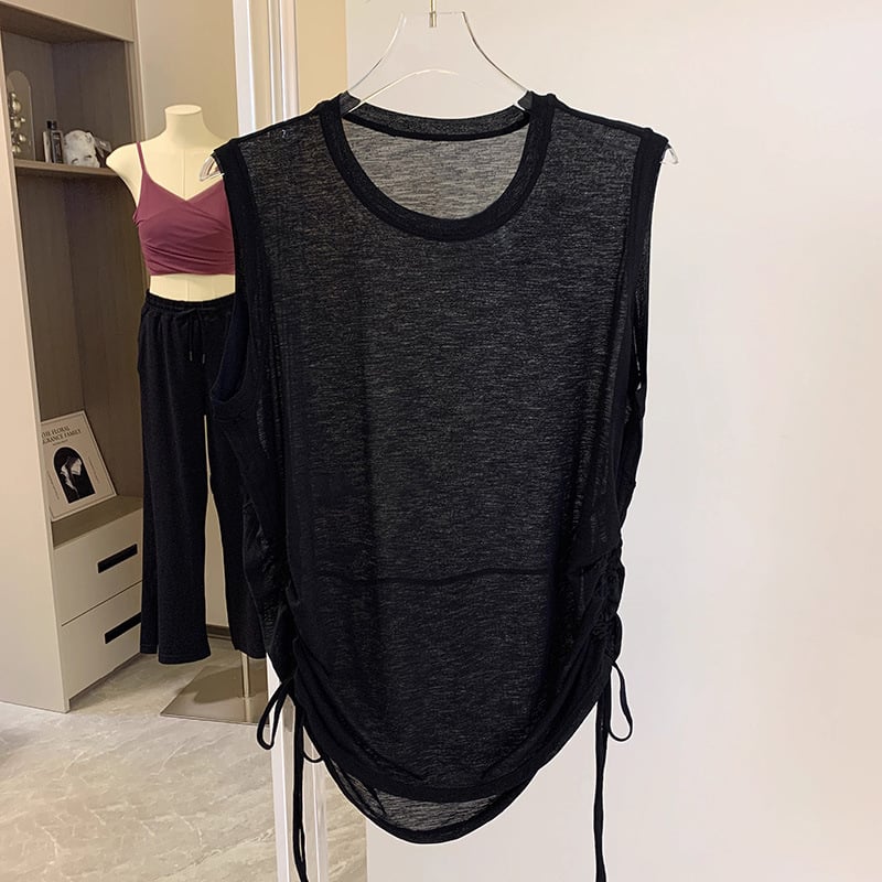 Top de yoga cu mâneci scurte, croială lejeră, poliester respirabil, uscare rapidă, lungime 61,5–72 cm