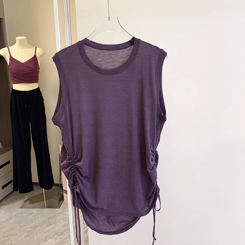 Top de yoga cu mâneci scurte, croială lejeră, poliester respirabil, uscare rapidă, lungime 61,5–72 cm