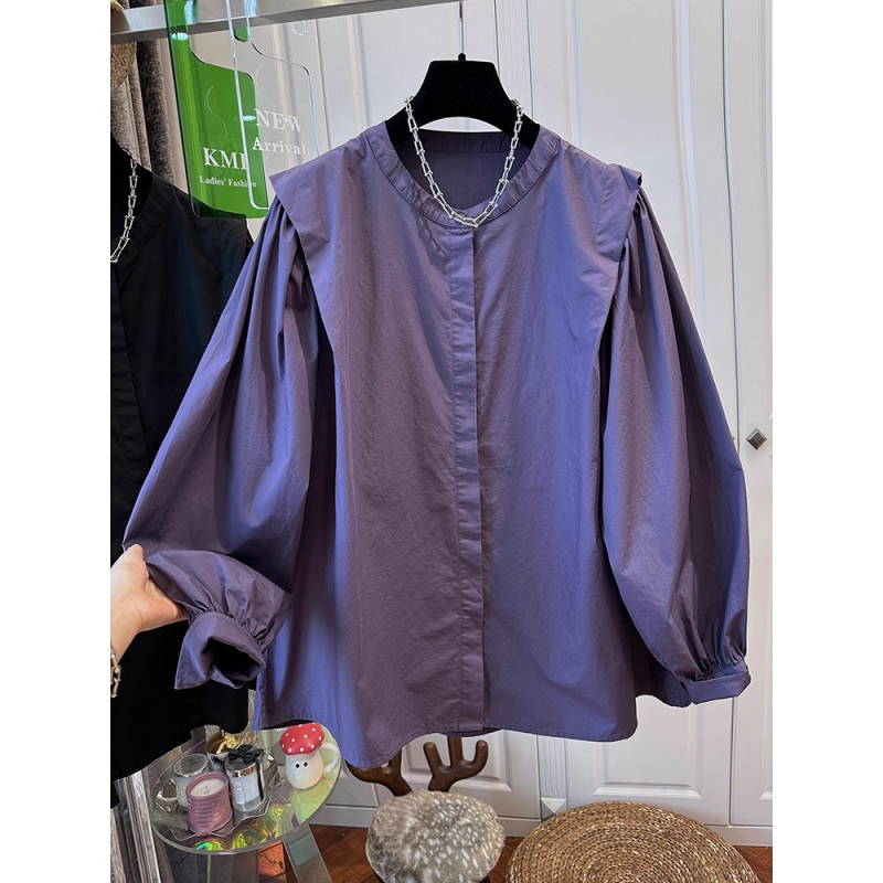 Ženska pamučna bluza Plus size, jednobojna, okrugli izrez, dugi rukavi, opušten kroj, vintage inspiracija, jesen 2025