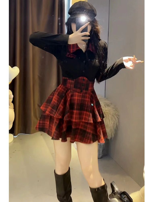 Set JK Uniform din două piese, talie evidentă și fustă bufantă, primăvara 2025, PVC 90–95% țesătură TR, stil literar retro