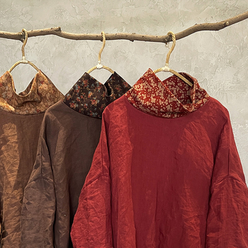 Lanena ženska bluza s visokim ovratnikom, umjetnički retro stil, pulover kroj, dugi rukavi