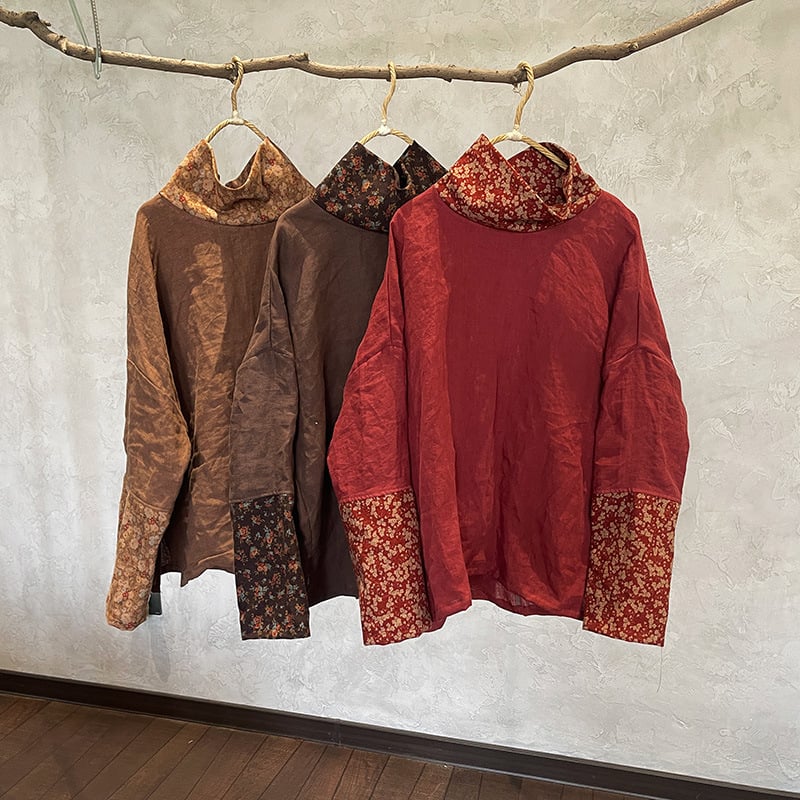 Lanena ženska bluza s visokim ovratnikom, umjetnički retro stil, pulover kroj, dugi rukavi