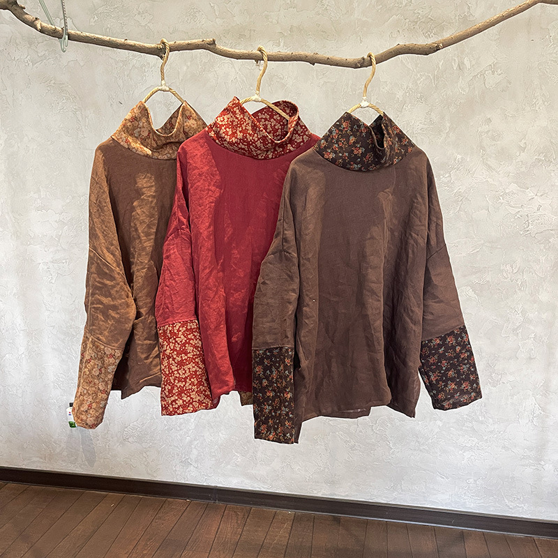 Lanena ženska bluza s visokim ovratnikom, umjetnički retro stil, pulover kroj, dugi rukavi