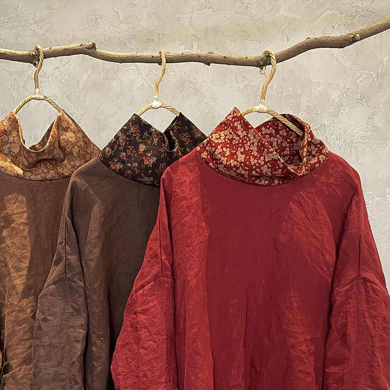 Lanena ženska bluza s visokim ovratnikom, umjetnički retro stil, pulover kroj, dugi rukavi