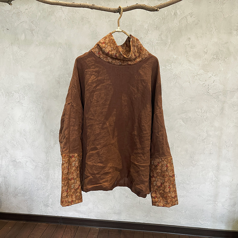 Lanena ženska bluza s visokim ovratnikom, umjetnički retro stil, pulover kroj, dugi rukavi