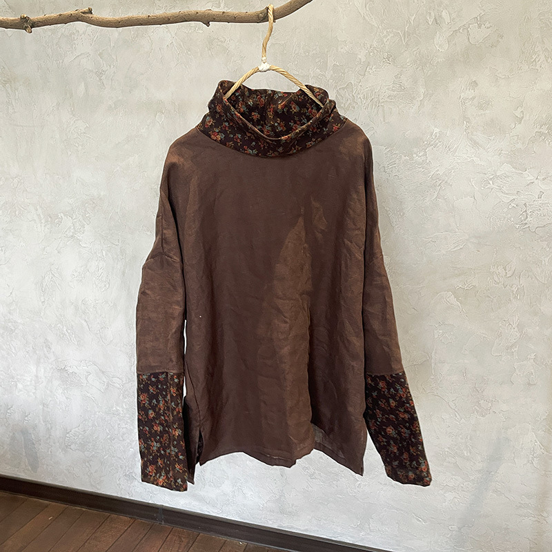 Lanena ženska bluza s visokim ovratnikom, umjetnički retro stil, pulover kroj, dugi rukavi