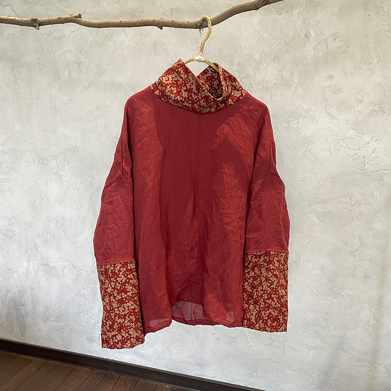 Lanena ženska bluza s visokim ovratnikom, umjetnički retro stil, pulover kroj, dugi rukavi