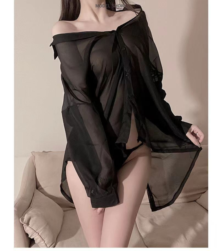 Σεξι σετ εσωρούχων και πιτζάμες - Διαφανής πουκάμισο, πολυεστέρας chiffon, λεπτό ύφασμα 101–120 γ/m², Άνοιξη 2024