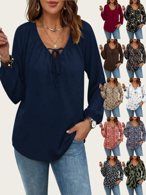 Chiffon bluza s floralnim printom, jesenska kolekcija 2025, V-izrez s vezanjem, dugi rukavi, poliester-elastan
