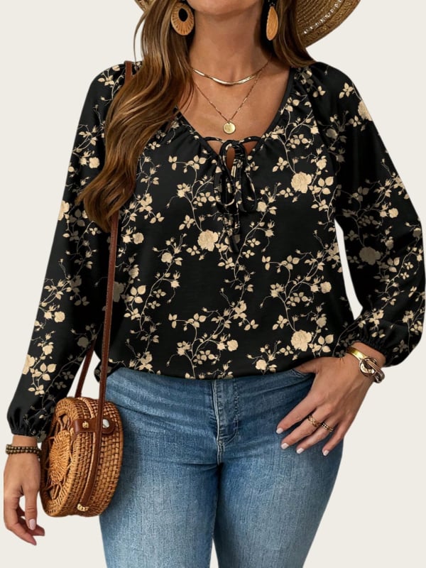 Chiffon bluza s floralnim printom, jesenska kolekcija 2025, V-izrez s vezanjem, dugi rukavi, poliester-elastan