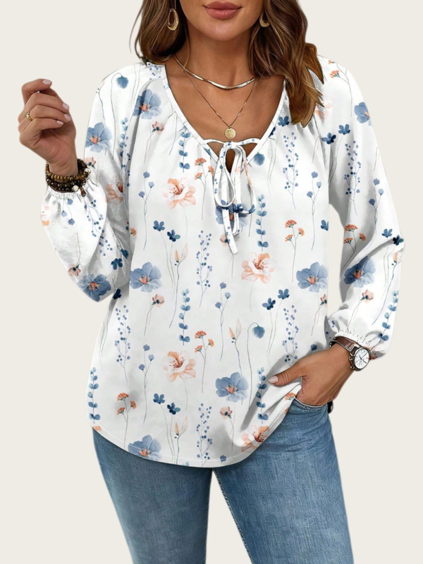 Chiffon bluza s floralnim printom, jesenska kolekcija 2025, V-izrez s vezanjem, dugi rukavi, poliester-elastan