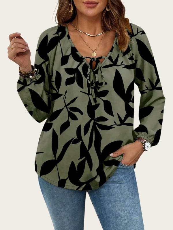 Chiffon bluza s floralnim printom, jesenska kolekcija 2025, V-izrez s vezanjem, dugi rukavi, poliester-elastan