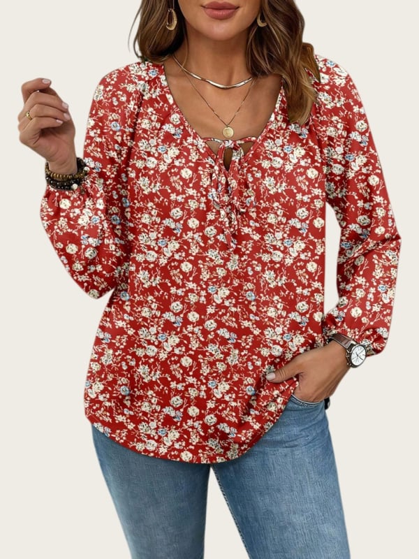 Chiffon bluza s floralnim printom, jesenska kolekcija 2025, V-izrez s vezanjem, dugi rukavi, poliester-elastan