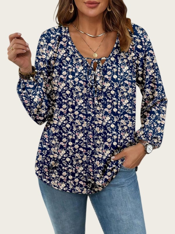 Chiffon bluza s floralnim printom, jesenska kolekcija 2025, V-izrez s vezanjem, dugi rukavi, poliester-elastan