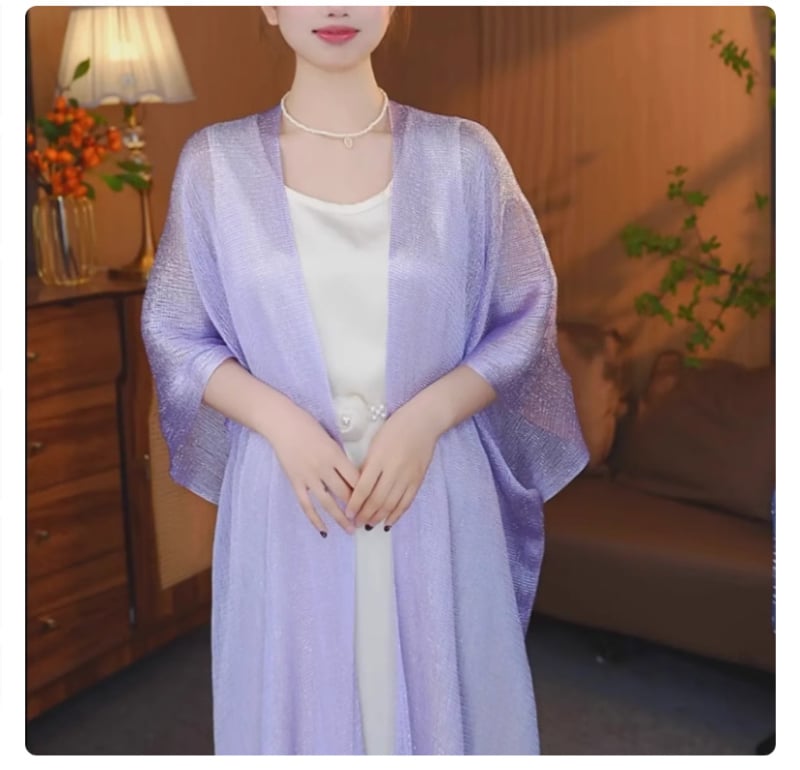 Pikk sall lillemustriga ja päikesekaitsega, Jaapani ja Koreaga stiilidest inspireeritud, sobib suveks, kevadeks ja sügiseks